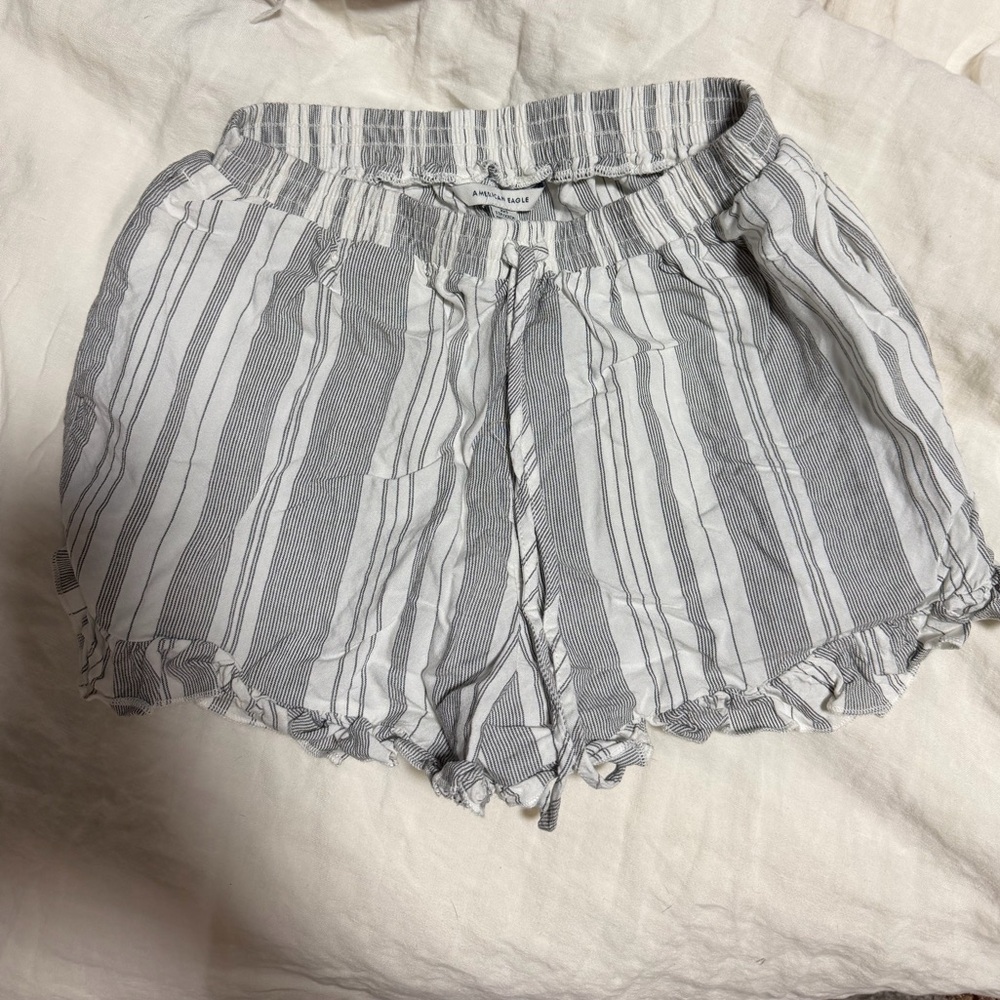American Eagle Outfitters White and Gray Striped High Waist Shorts